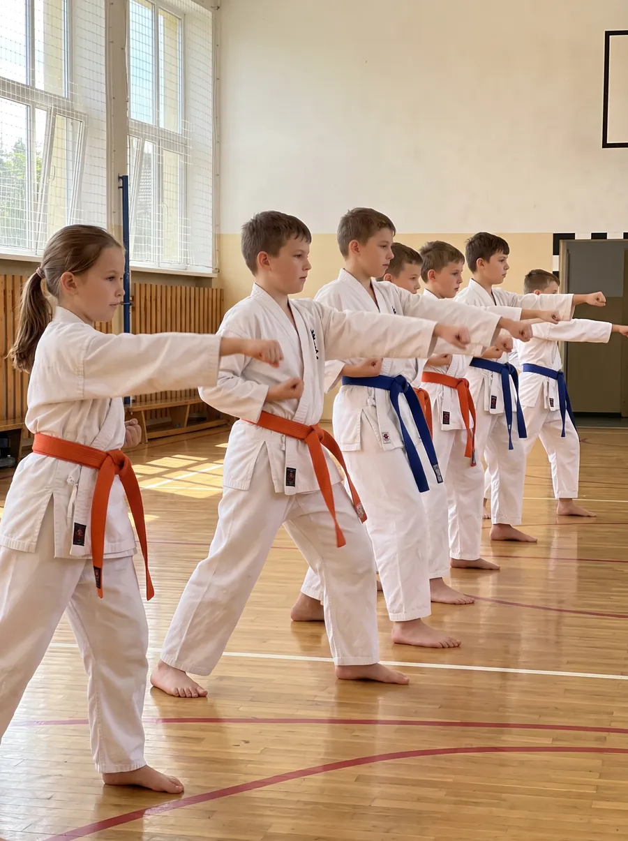 Dzieci w karate gi ćwiczą cios na sali