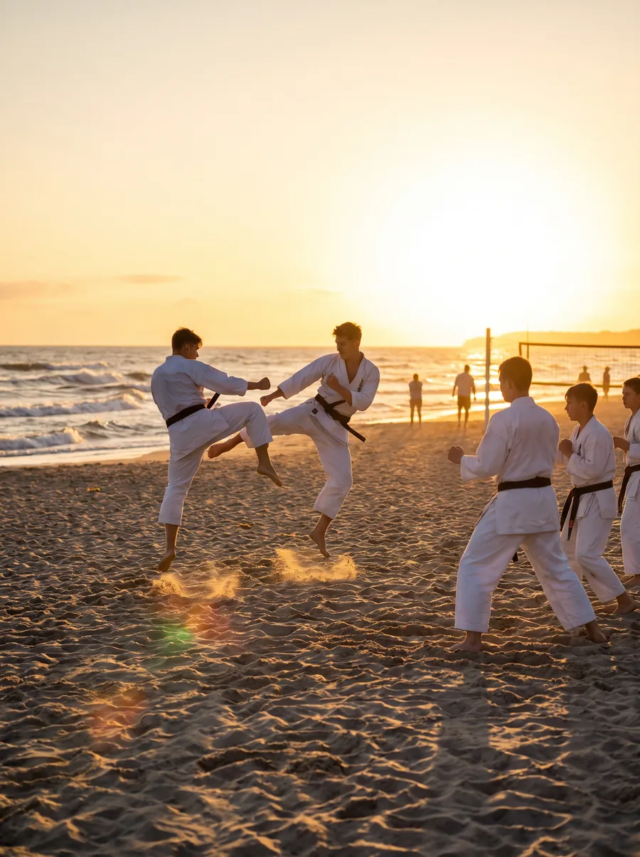 Trening karate na plaży o wschodzie słońca