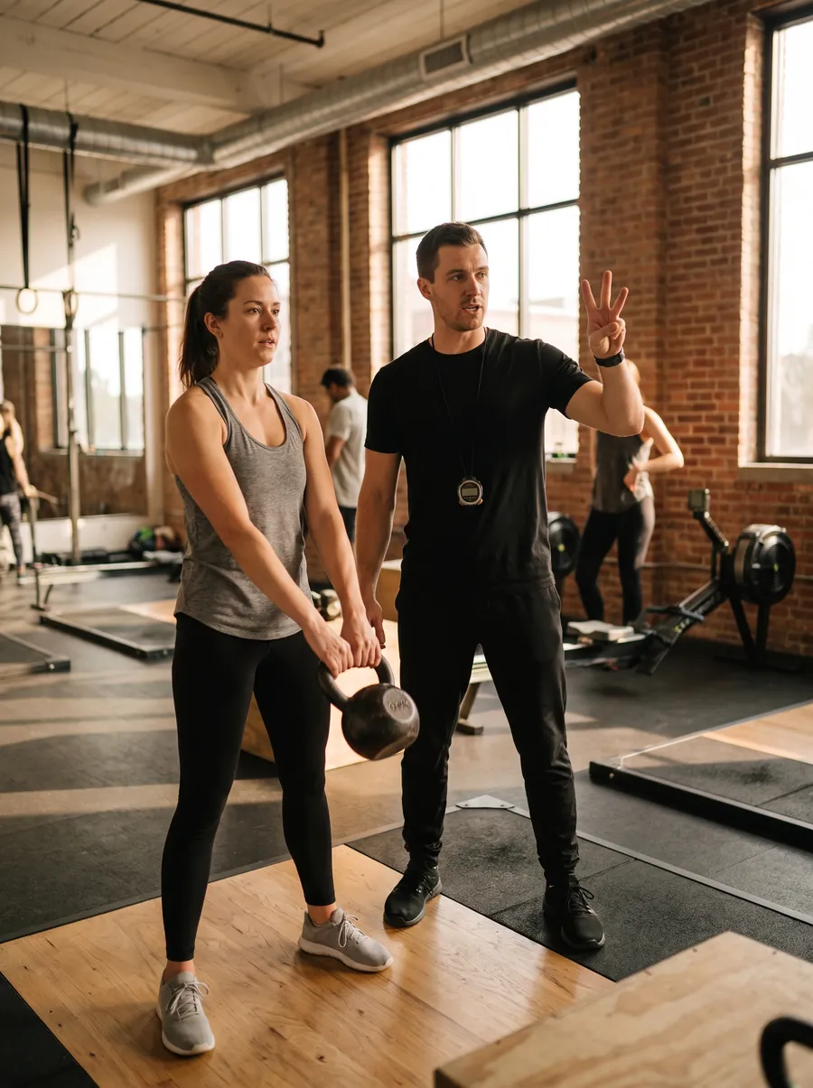Trener prowadzi trening personalny z kettlebell